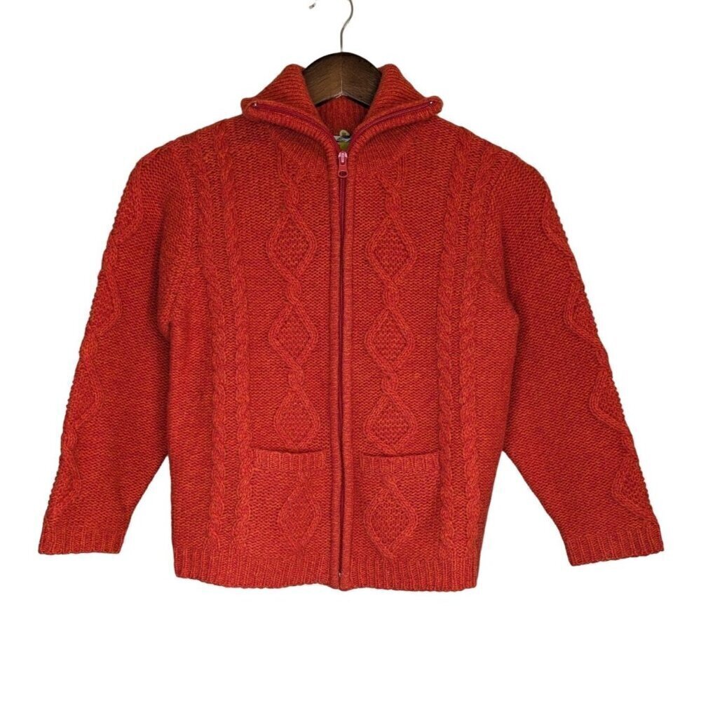 Carraig Donn Kids Wool Cable Knit Aran Cardigan Large Orange Ireland Fisherman